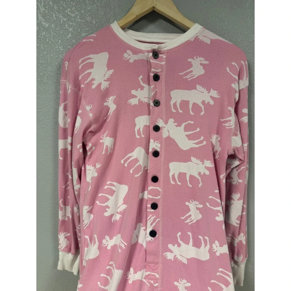 Lazy One Pink Moose Print Pajama Jumpsuit Women's Size Medium Button Up Footless